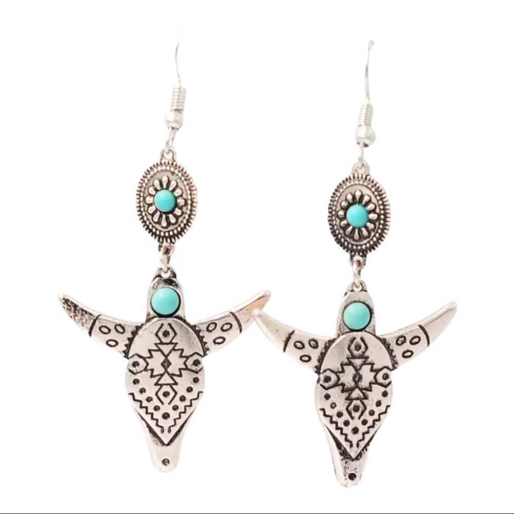 NEW Boho Cow Skull Silver Earrings Silver NWT